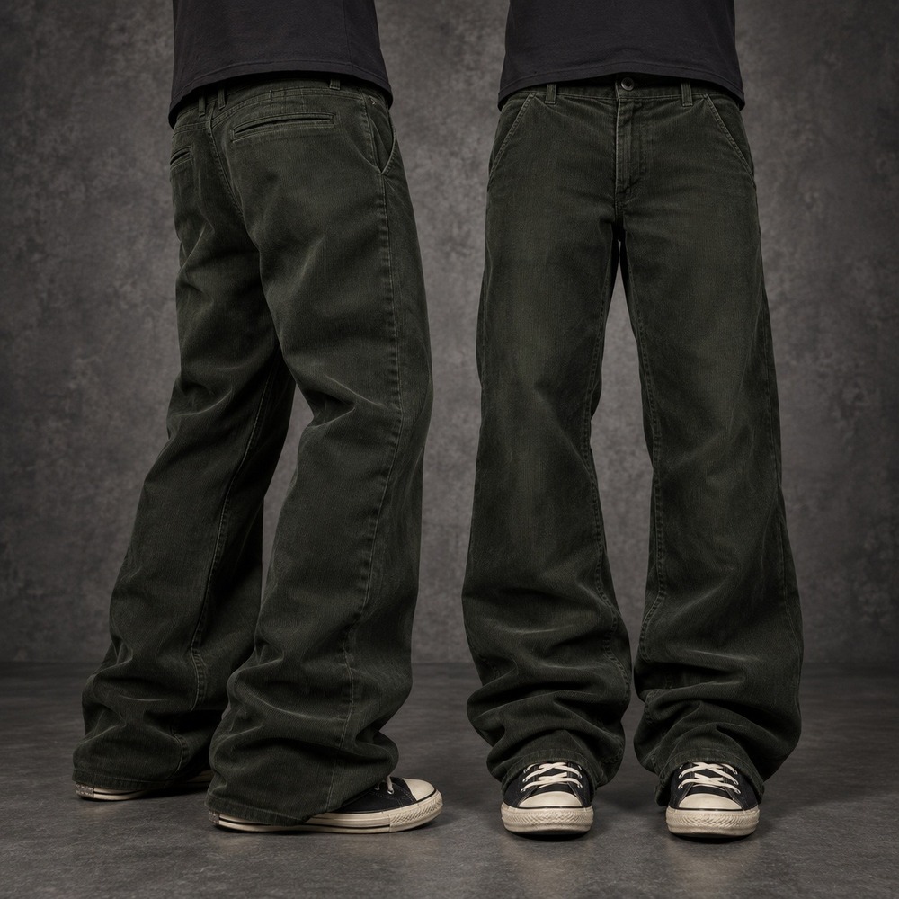 38x32 Green Corduroy Baggy Wide Leg Chino Pants Y2K Grunge 2000s Vintage